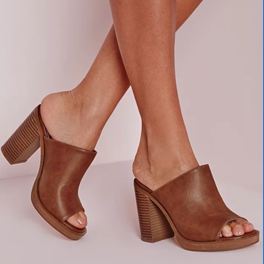 Tan Misguided Peep Toe Block Heel